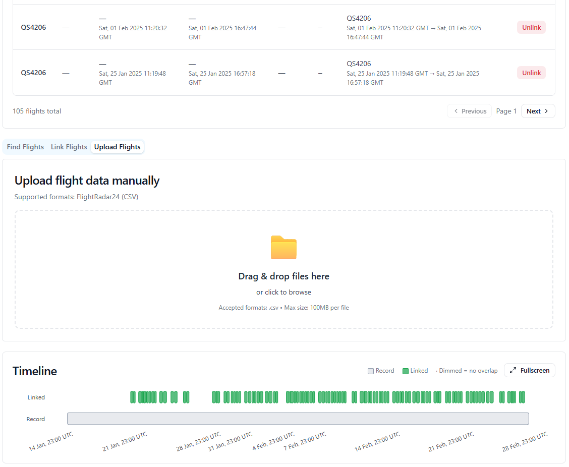 Flight linking interface in DOSPORTAL